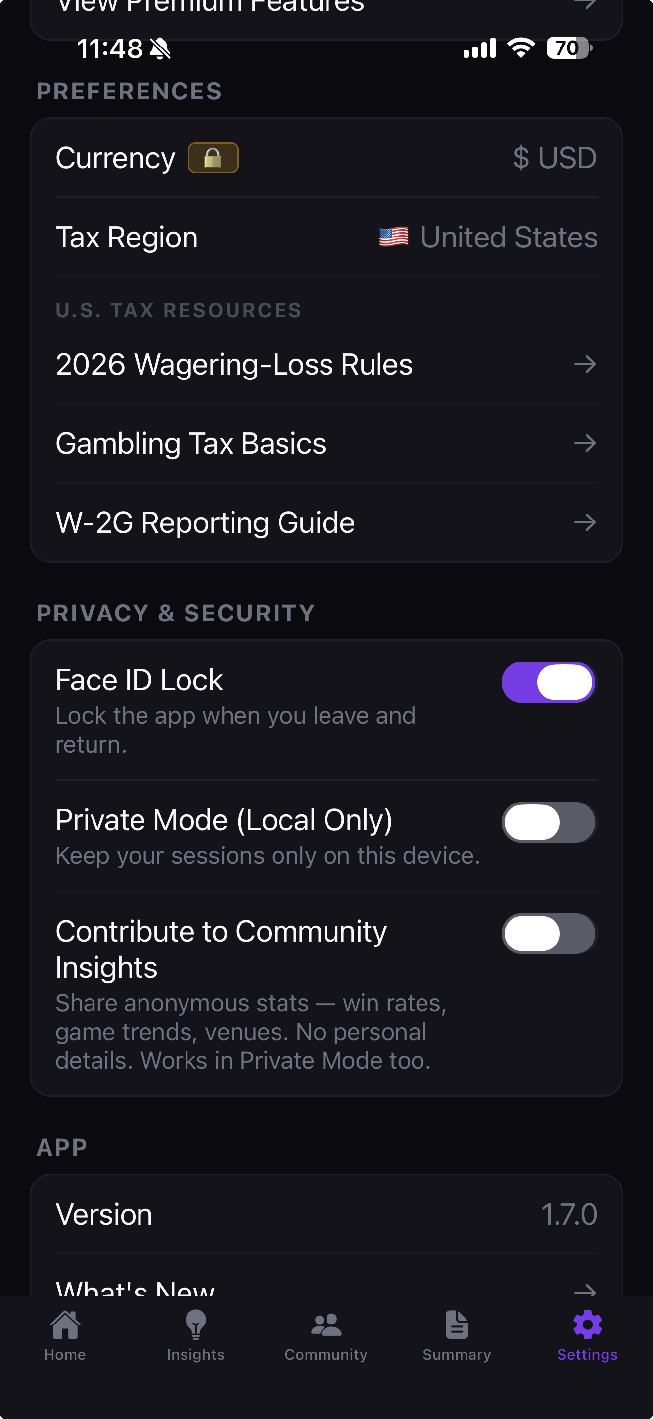 Settings screen with privacy controls and tax resources